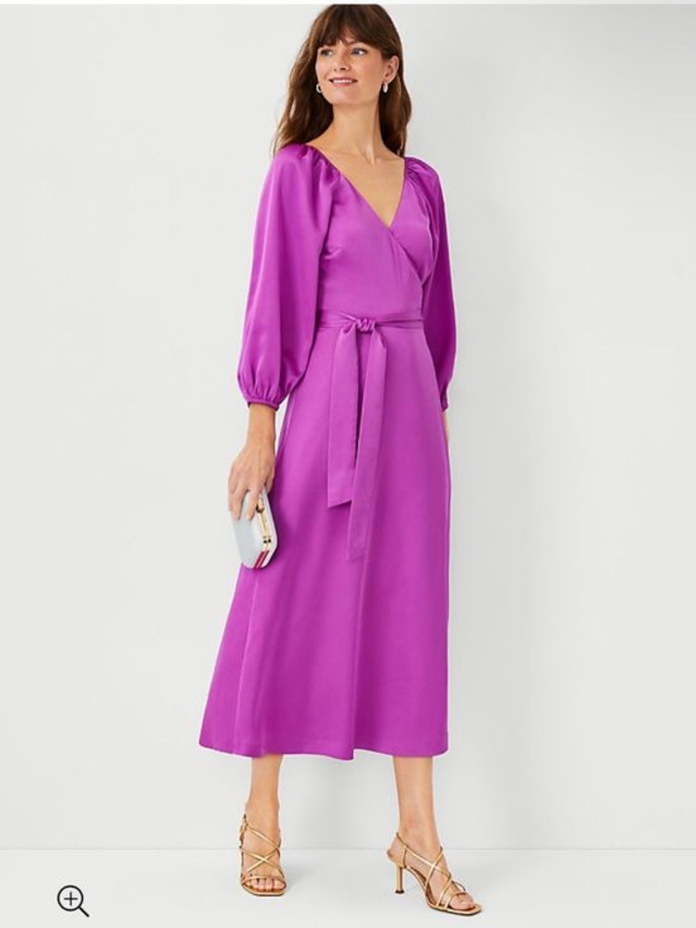 Ann Taylor V-Neck Midi Dress with Puff Sleeves in Bright Fuchsia